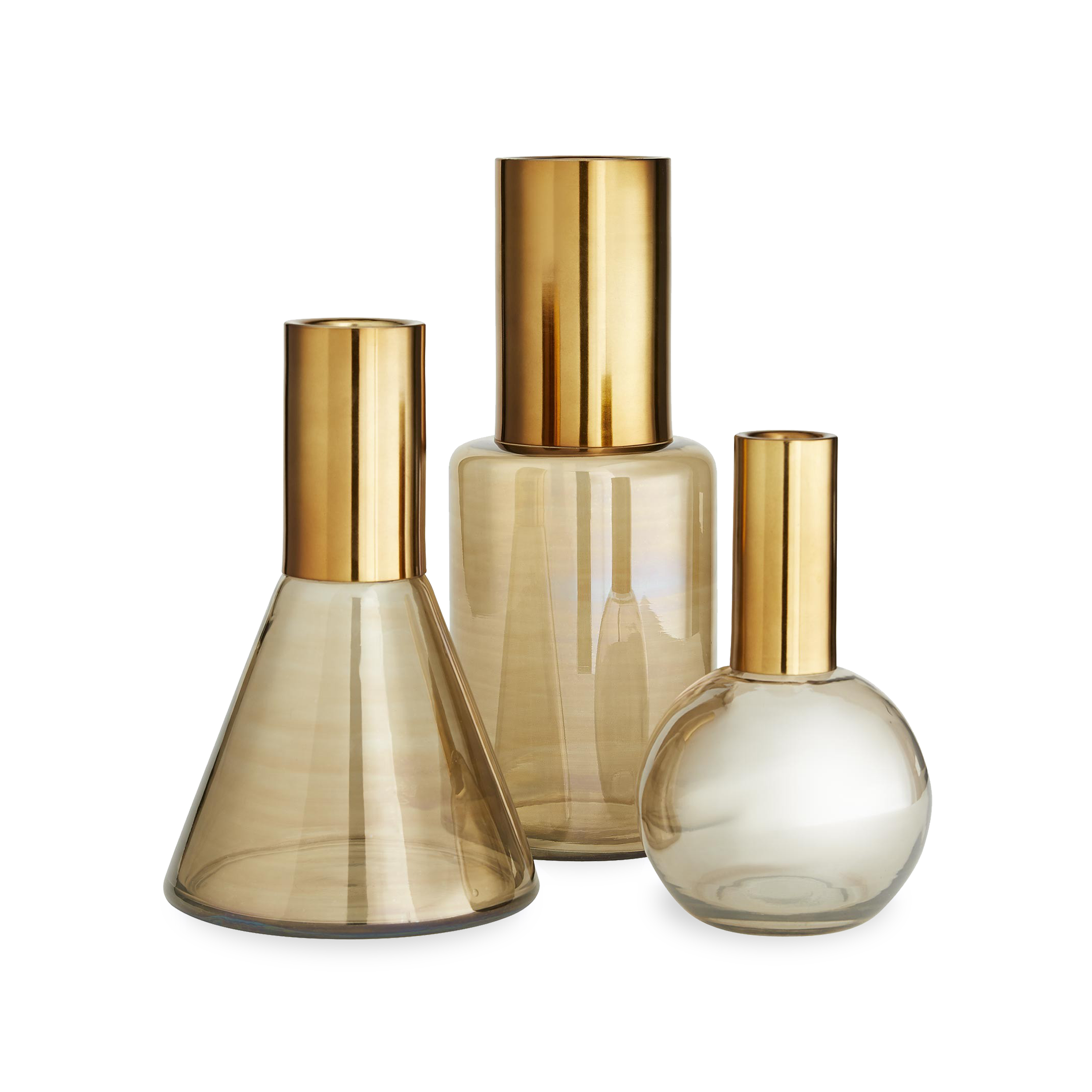 Modern in form, smoke luster glass with antique brass necks unite to create each individually shaped piece.