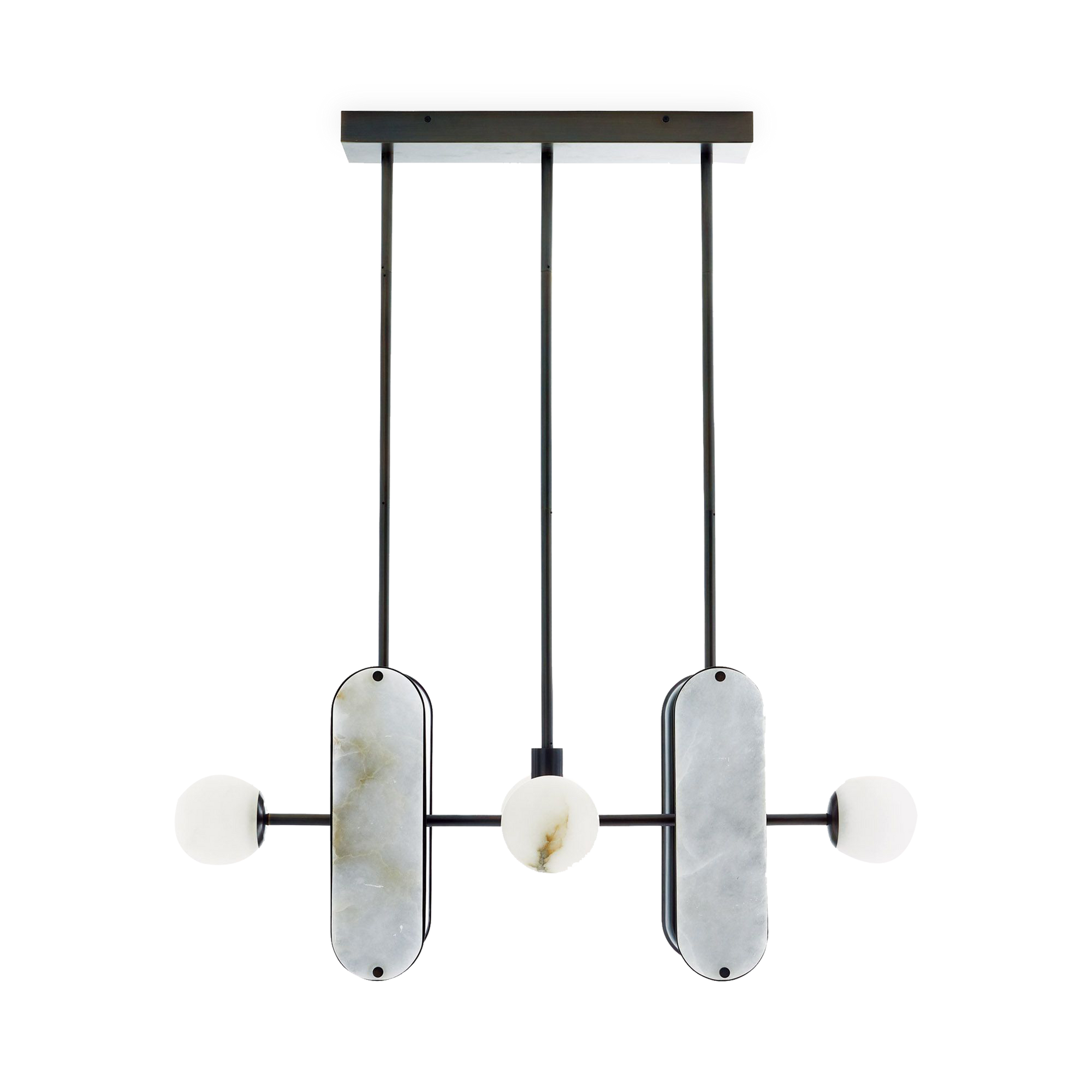 The Maradona Chandelier is styled in English bronze with an iron frame and white alabaster shades.