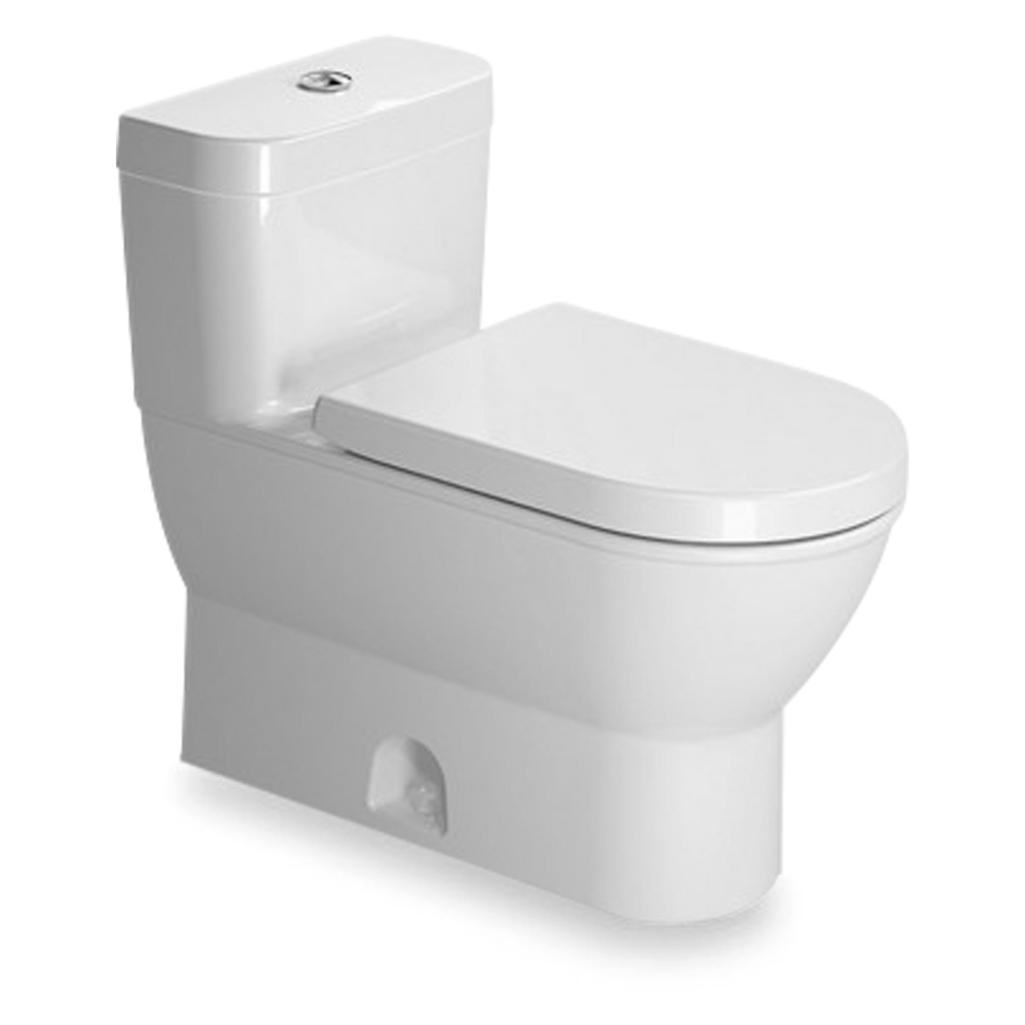 A modern style one-piece toilet without seat.