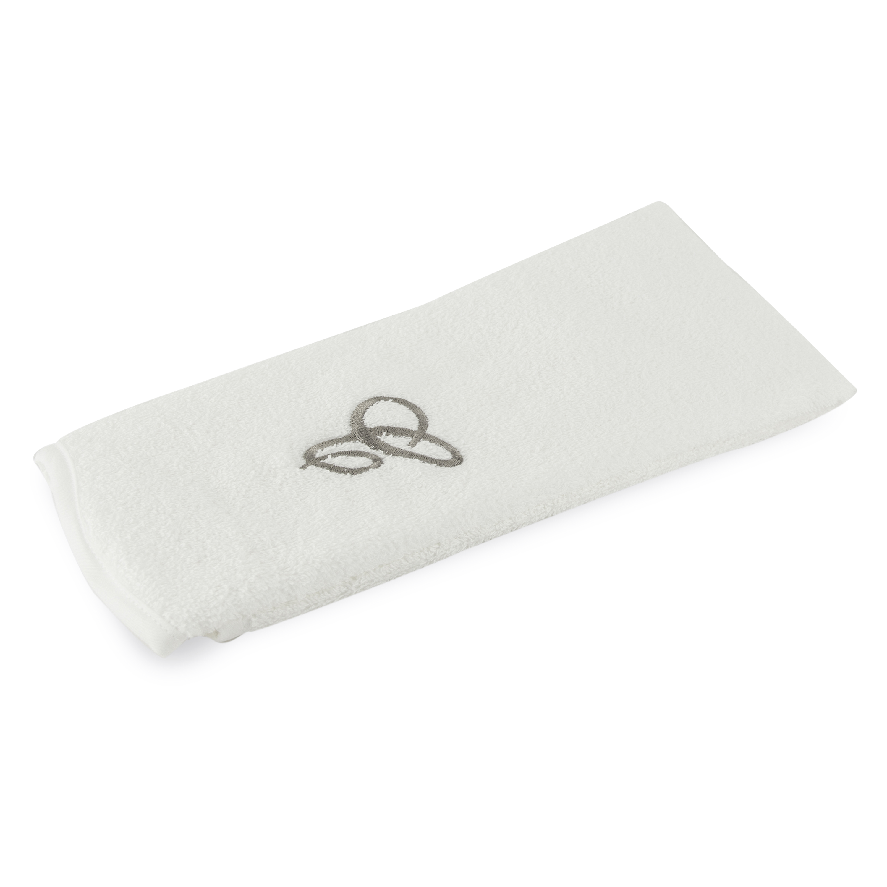 Monogrammed guest towel made of 100% white cotton with pewter/grey embroidered monogram.