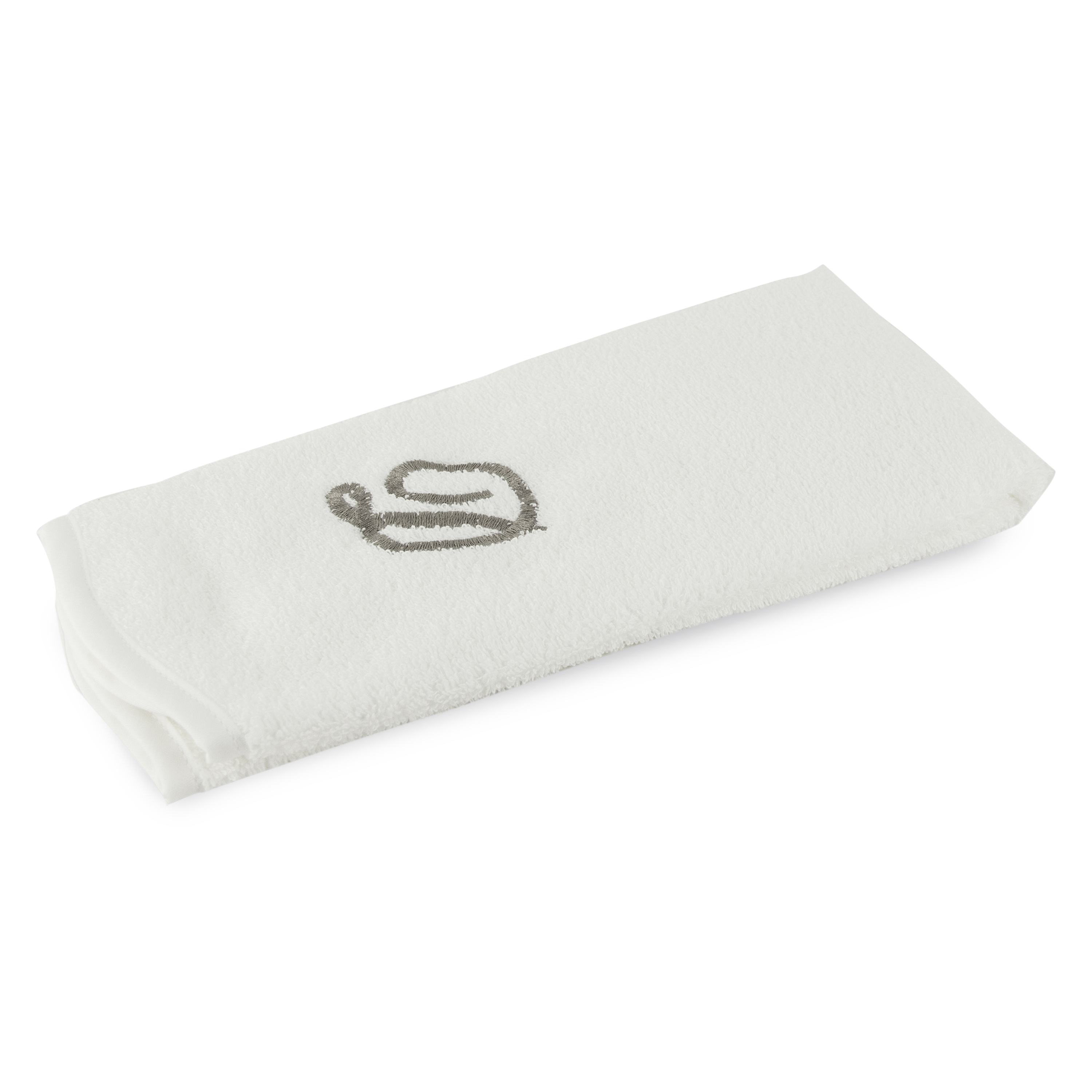 Monogrammed guest towel made of 100% white cotton with pewter/grey embroidered monogram.