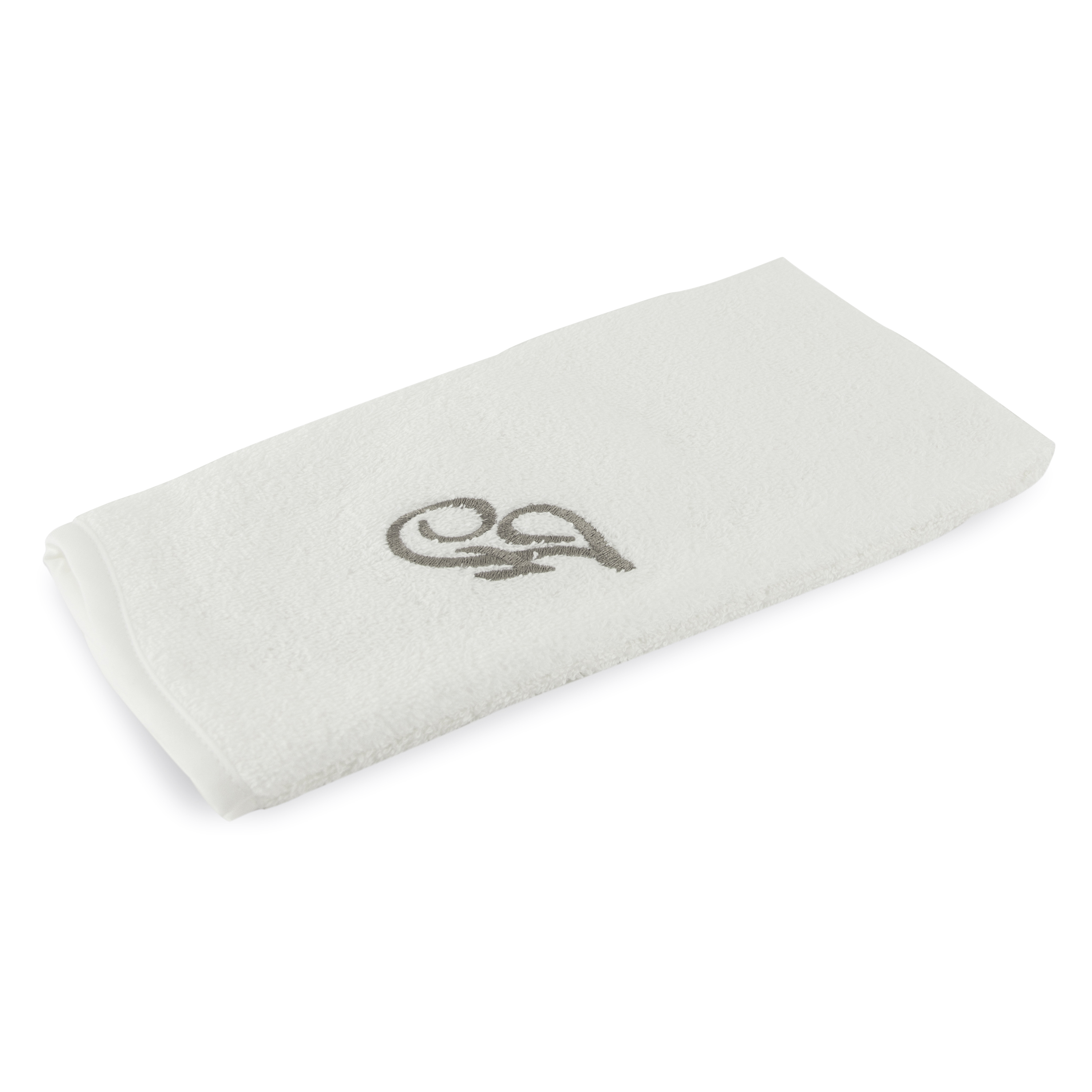 Monogrammed guest towel made of 100% white cotton with pewter/grey embroidered monogram.