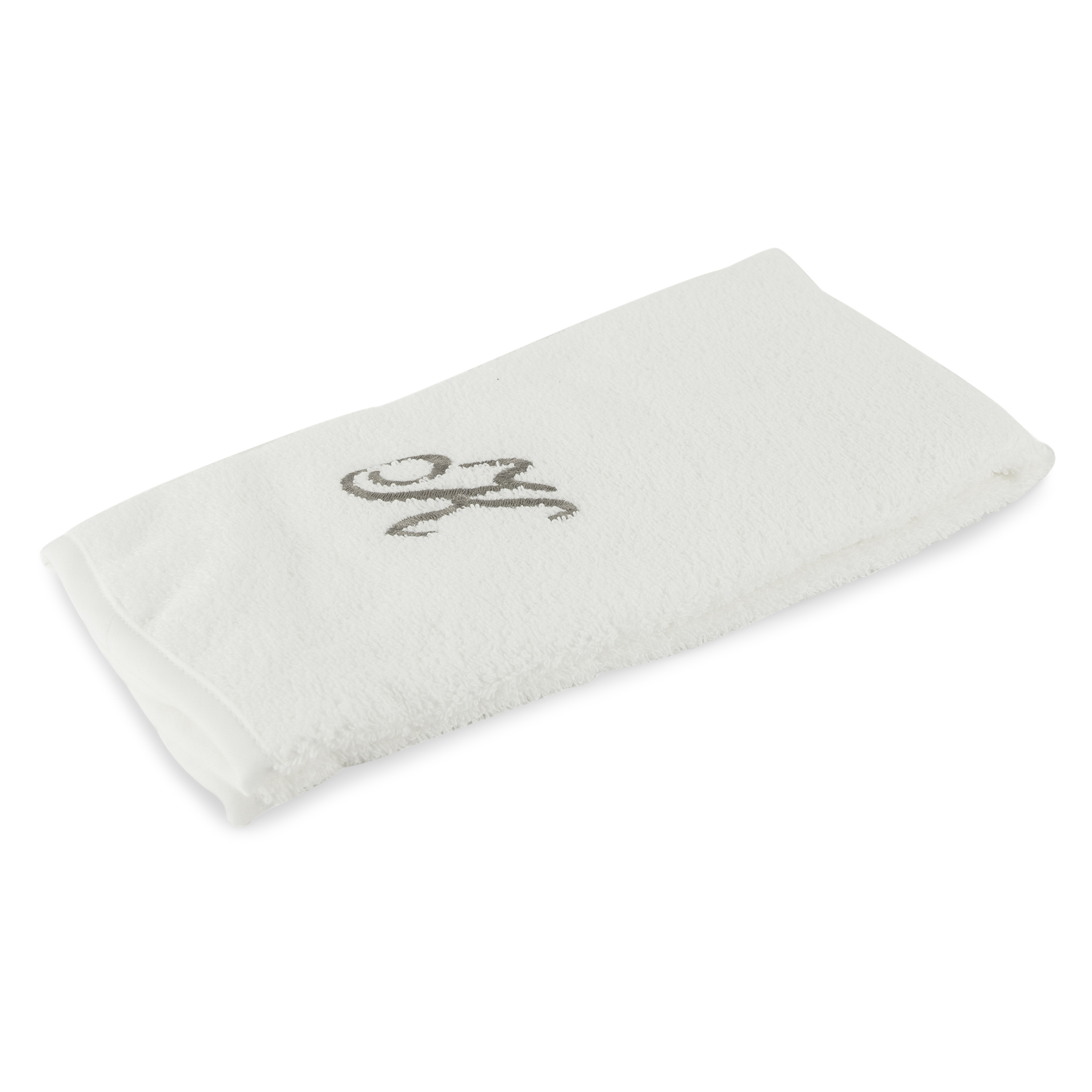 Monogrammed guest towel made of 100% white cotton with pewter/grey embroidered monogram.