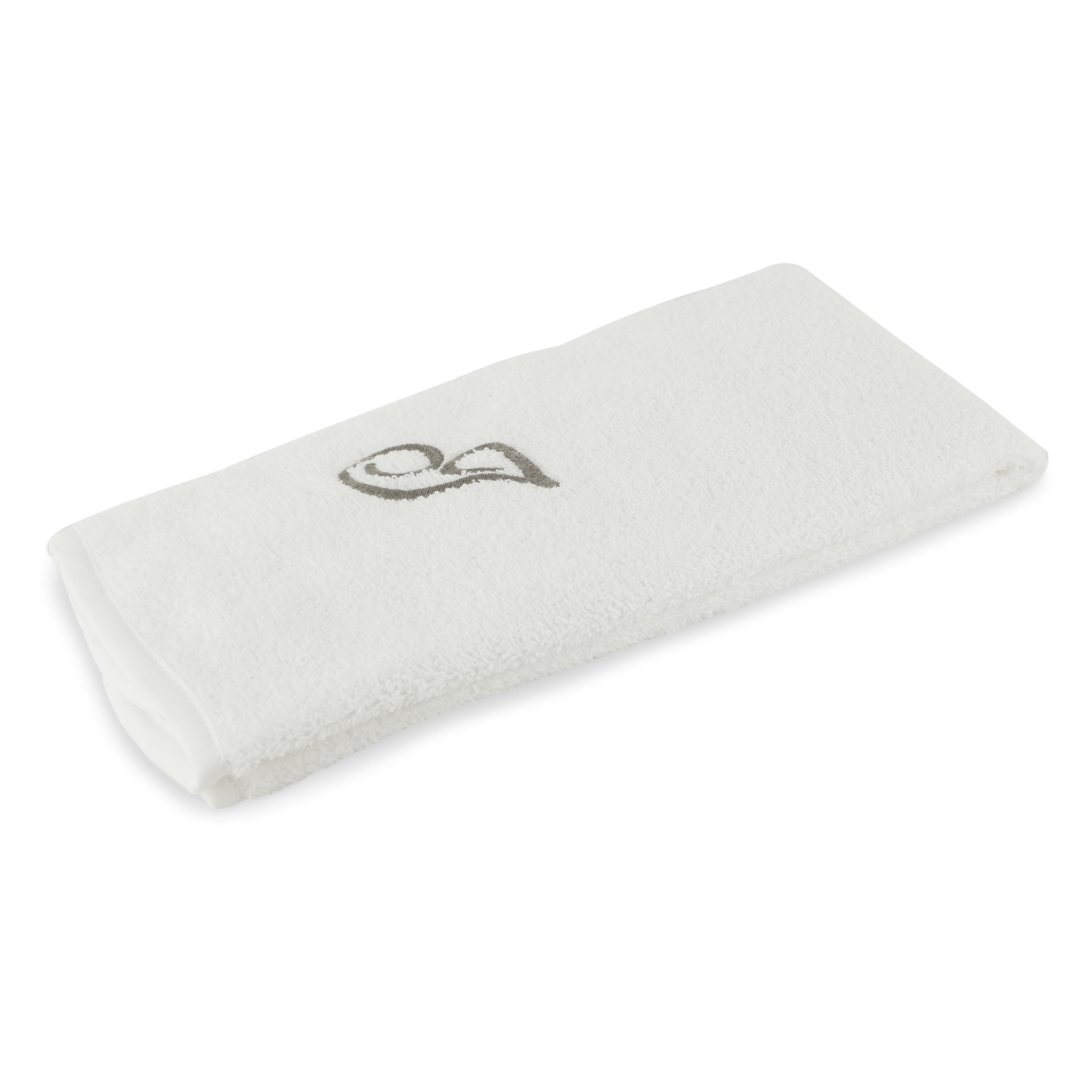 Monogrammed guest towel made of 100% white cotton with pewter/grey embroidered monogram.