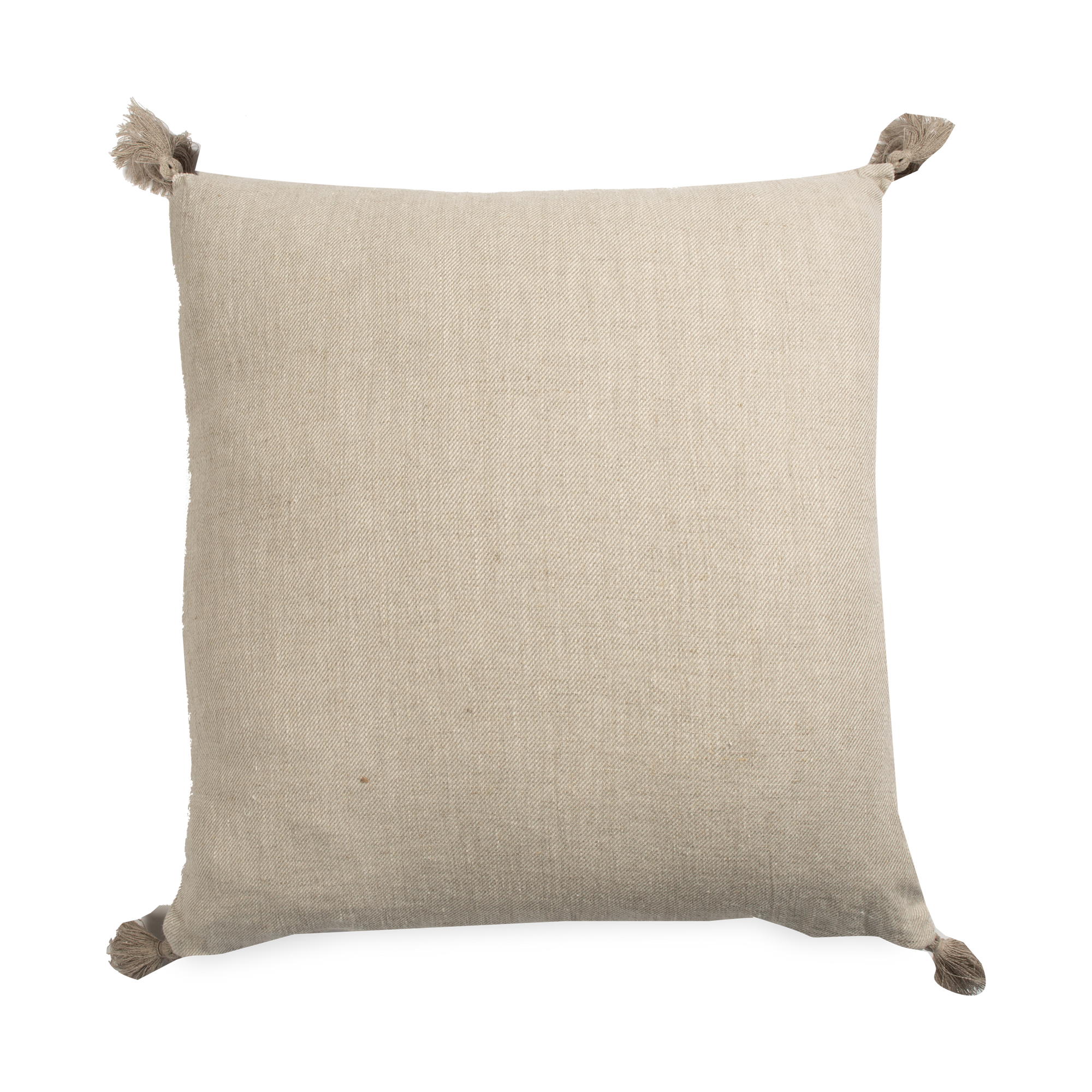 This pillow features a stone-washed linen covers in a flax hue with a tassel in each corner.