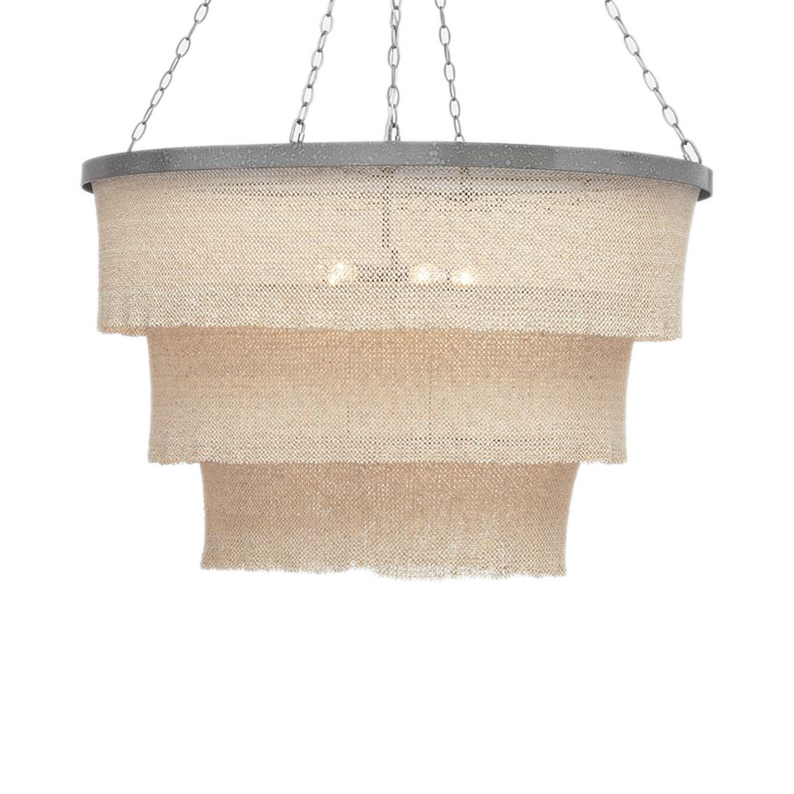 The Tiered Coco Bead Chandelier features clingy panels.