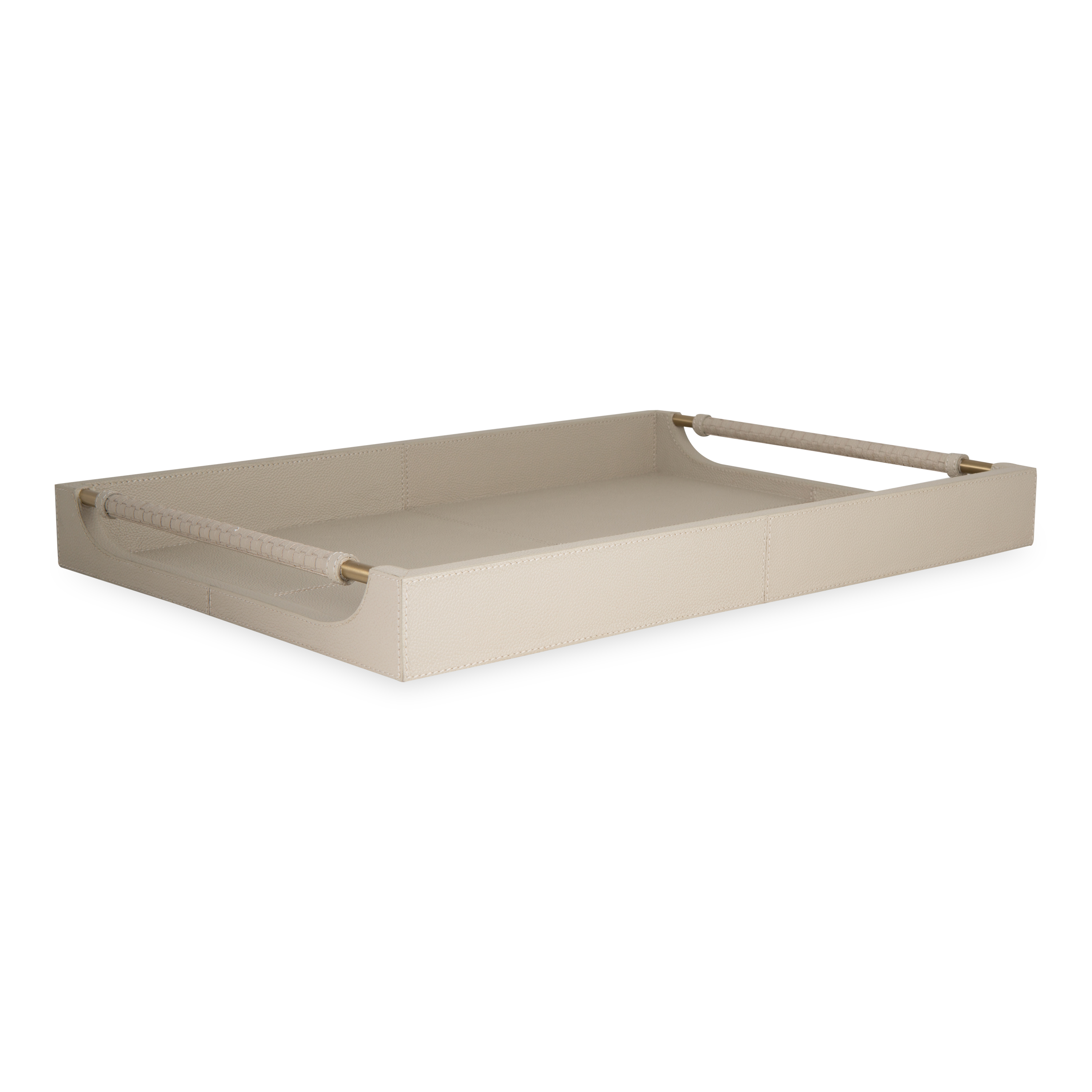 The Lenora Leather Trays feature light grey full-grain leather with brass hardware and woven handles.