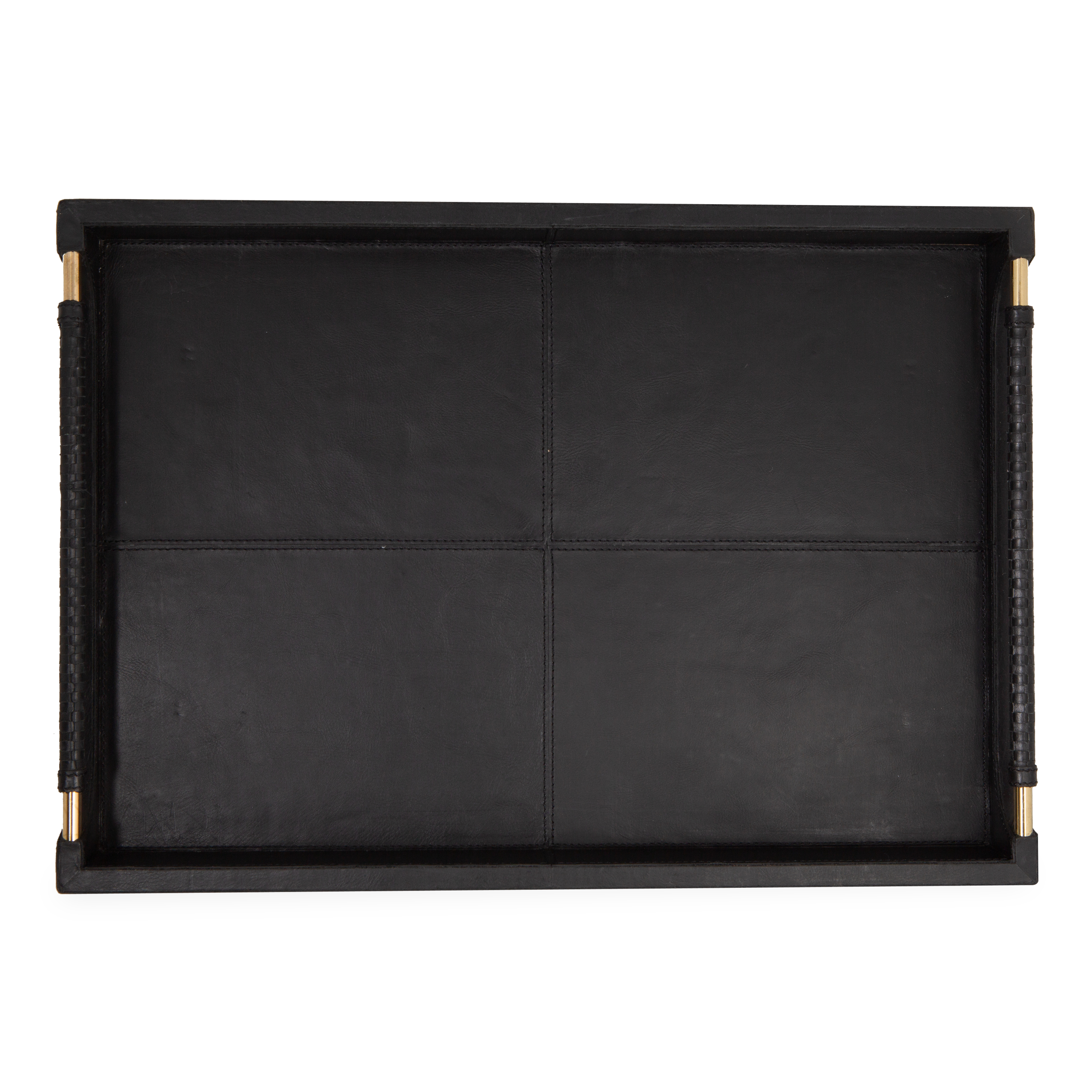 The Lenora Leather Trays features full-grain leather with brass hardware and woven handles.