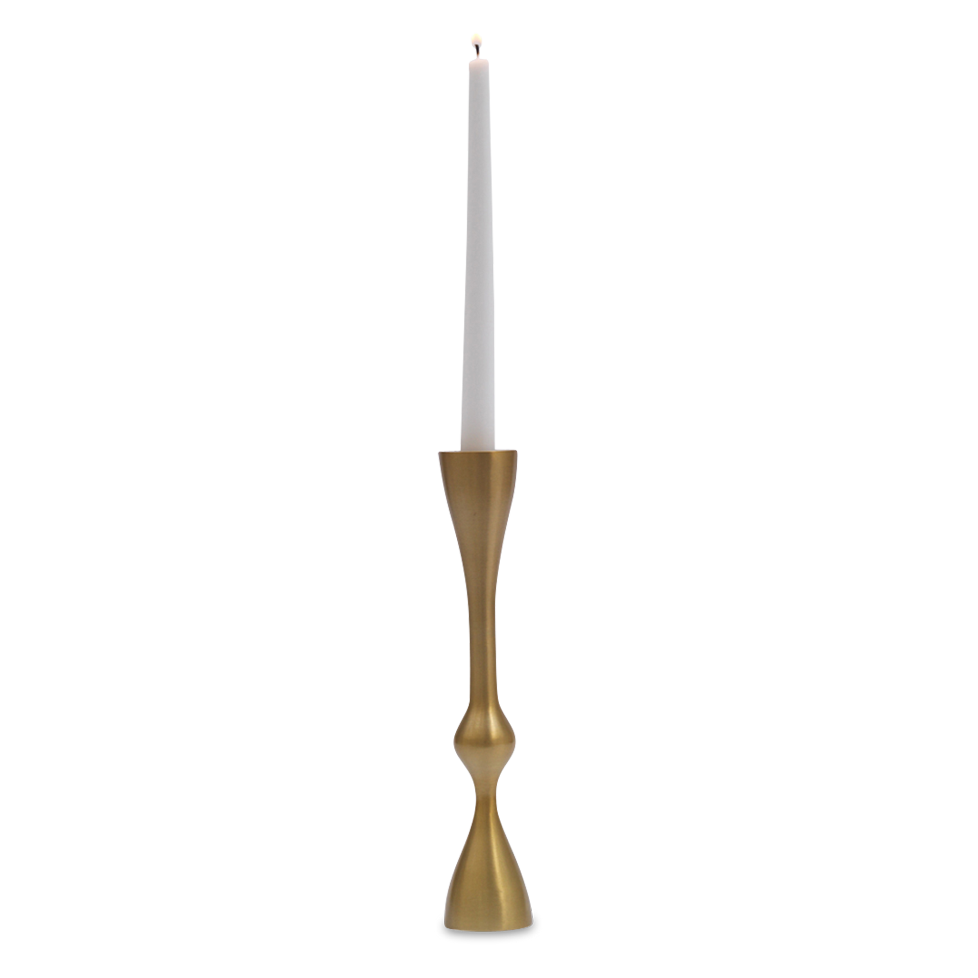 The Curved Candleholder features an elegant matte brass finish with a vintage modern look.