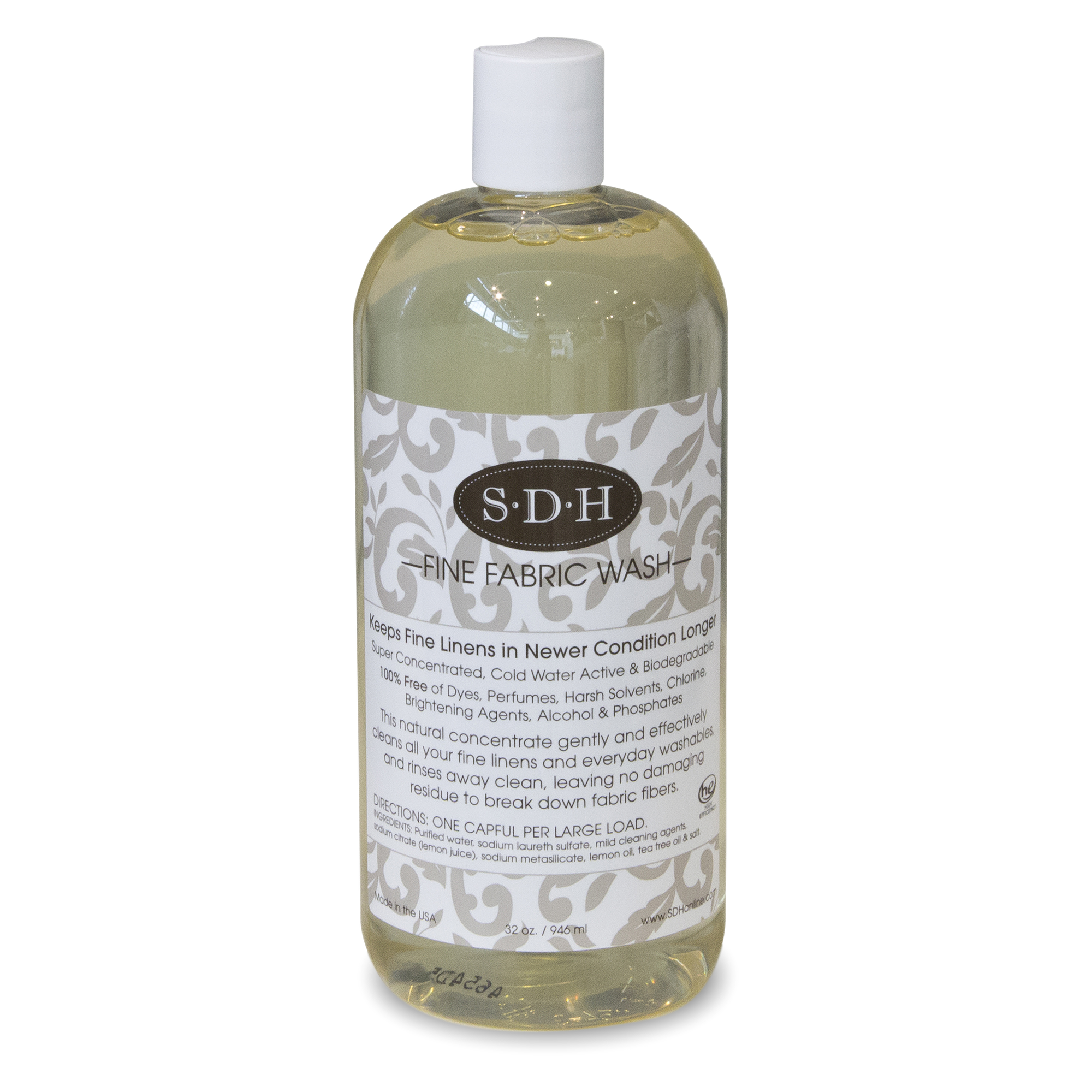 The SDH Fine Fabric Wash is pure and natural and leaves your linens fresh and clean.