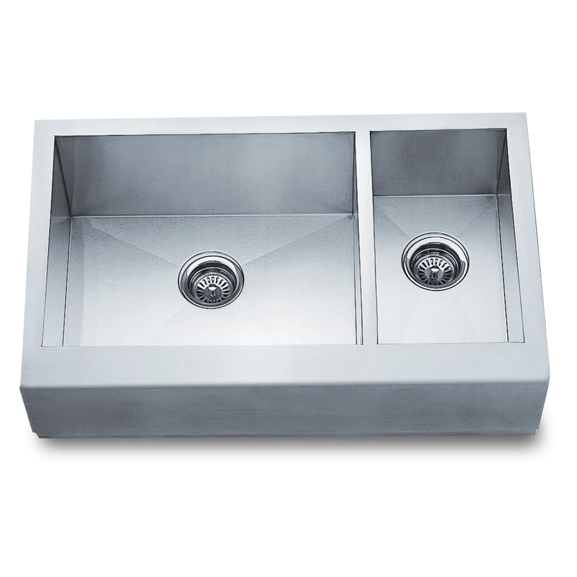 A seamless, contemporary, stainless steel double kitchen sink for under mount application.