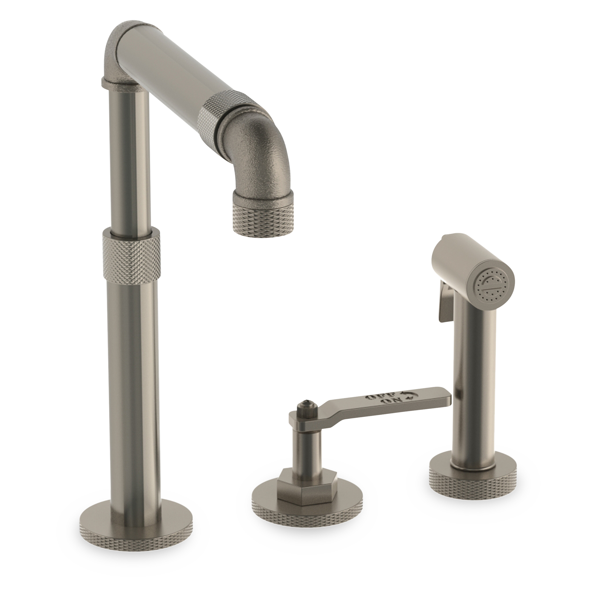 A unique industrial style kitchen faucet featured in a gorgeous pewter finish.