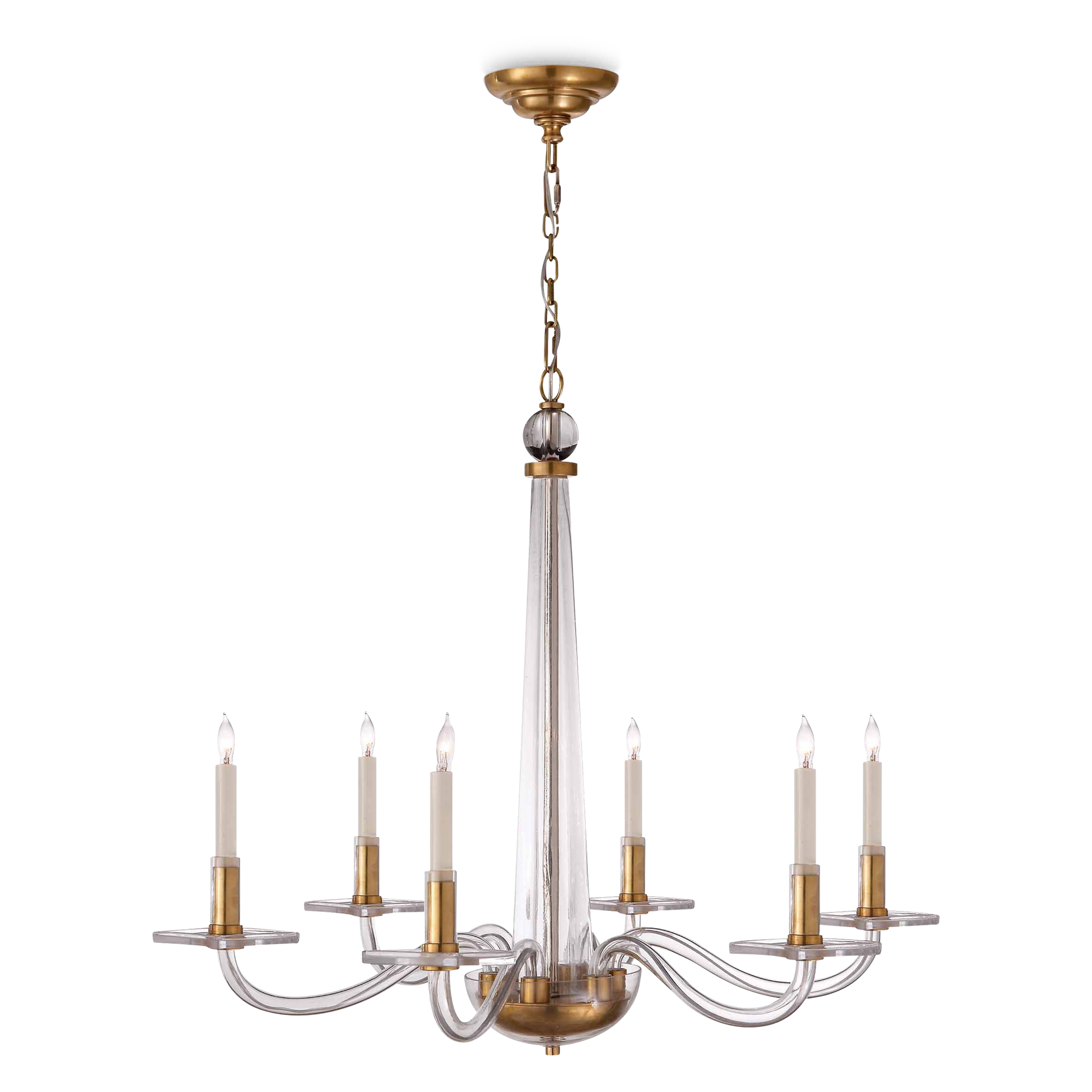 A seeded clear glass shade suspended from hand-rubbed antique brass forms this sleek and modern chandelier.