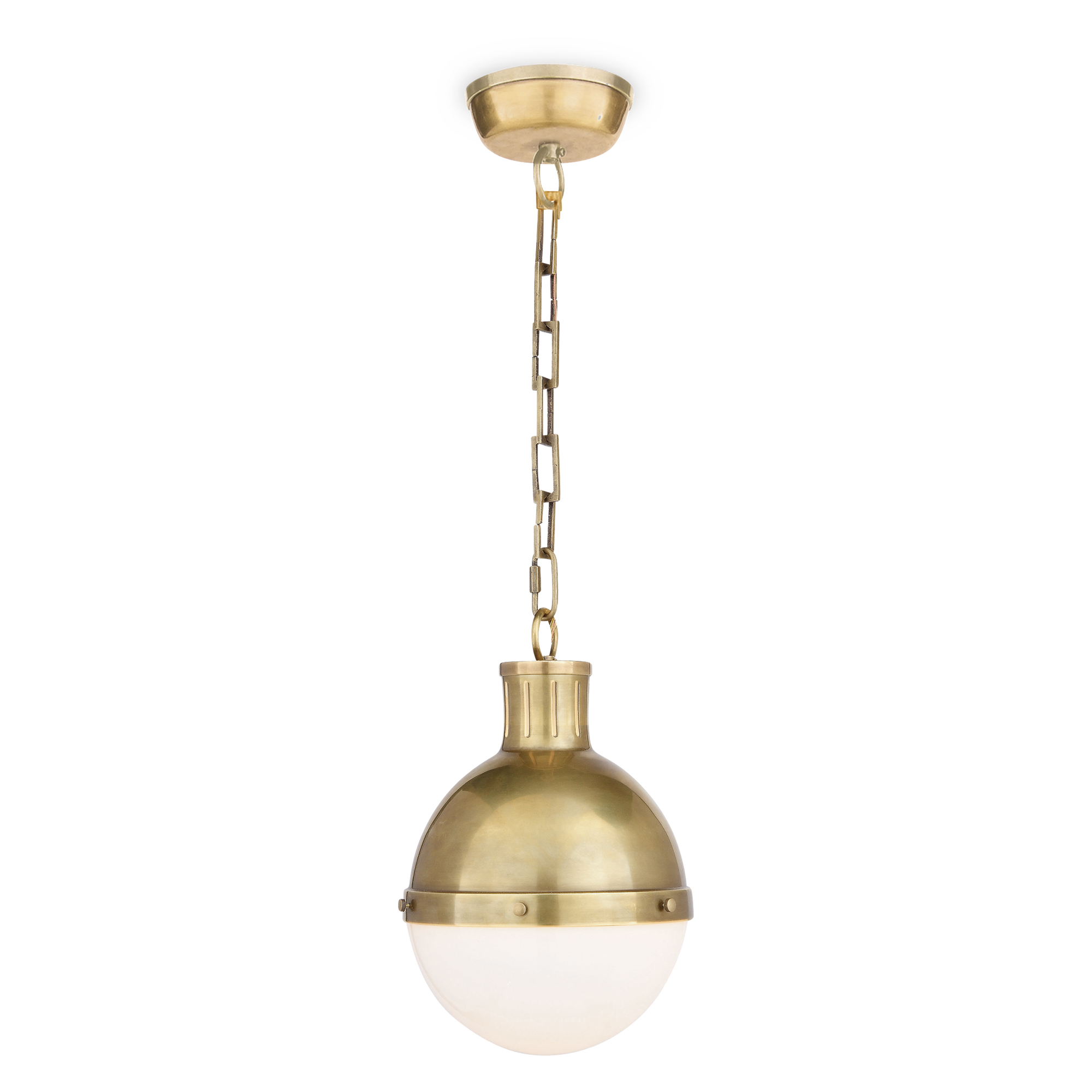 A gorgeous small globe pendant with white glass and hand-rubbed antique brass.