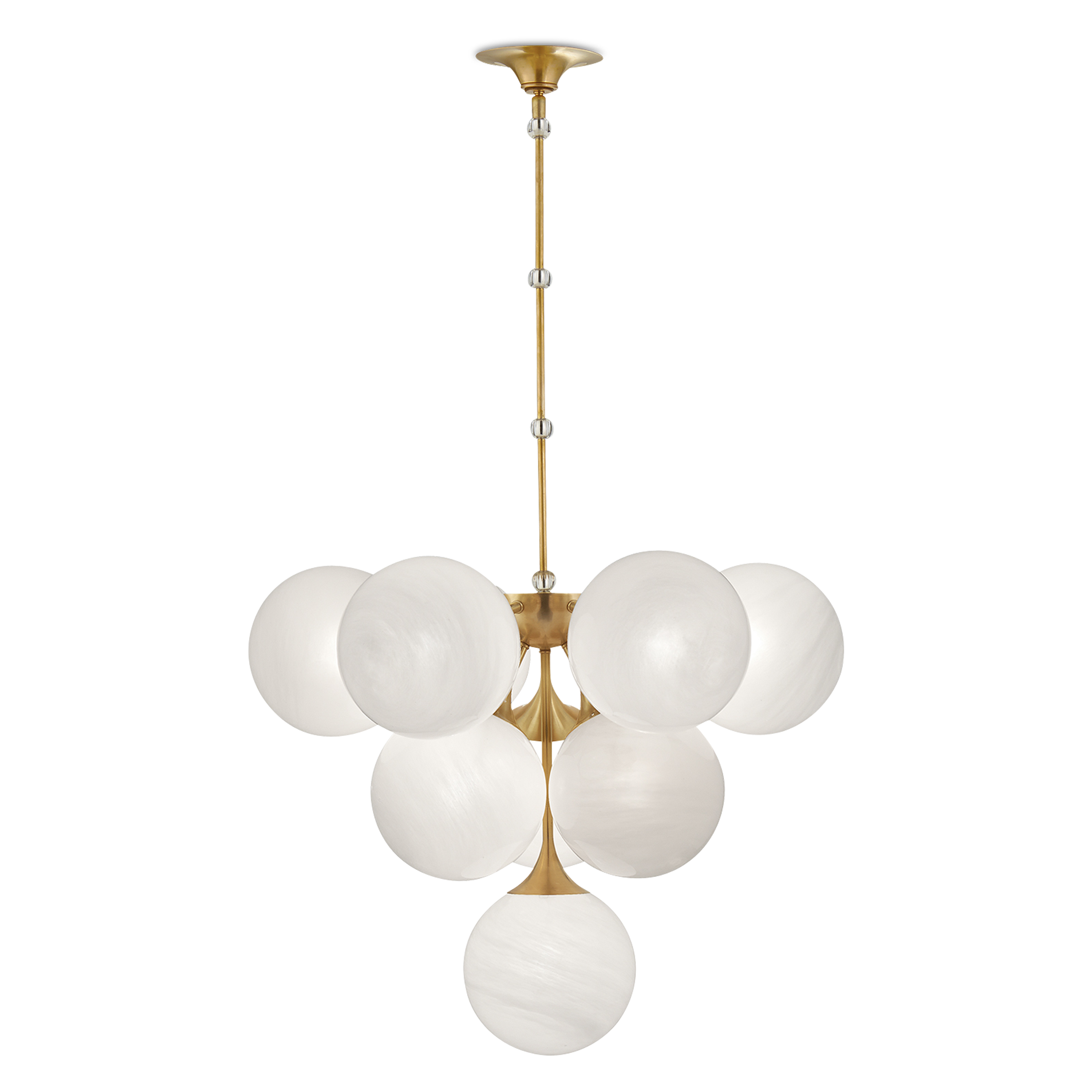 A whimsical yet elegant tiered pendant light with a hand-rubbed antique brass frame and spherical globes made of white strie glass.