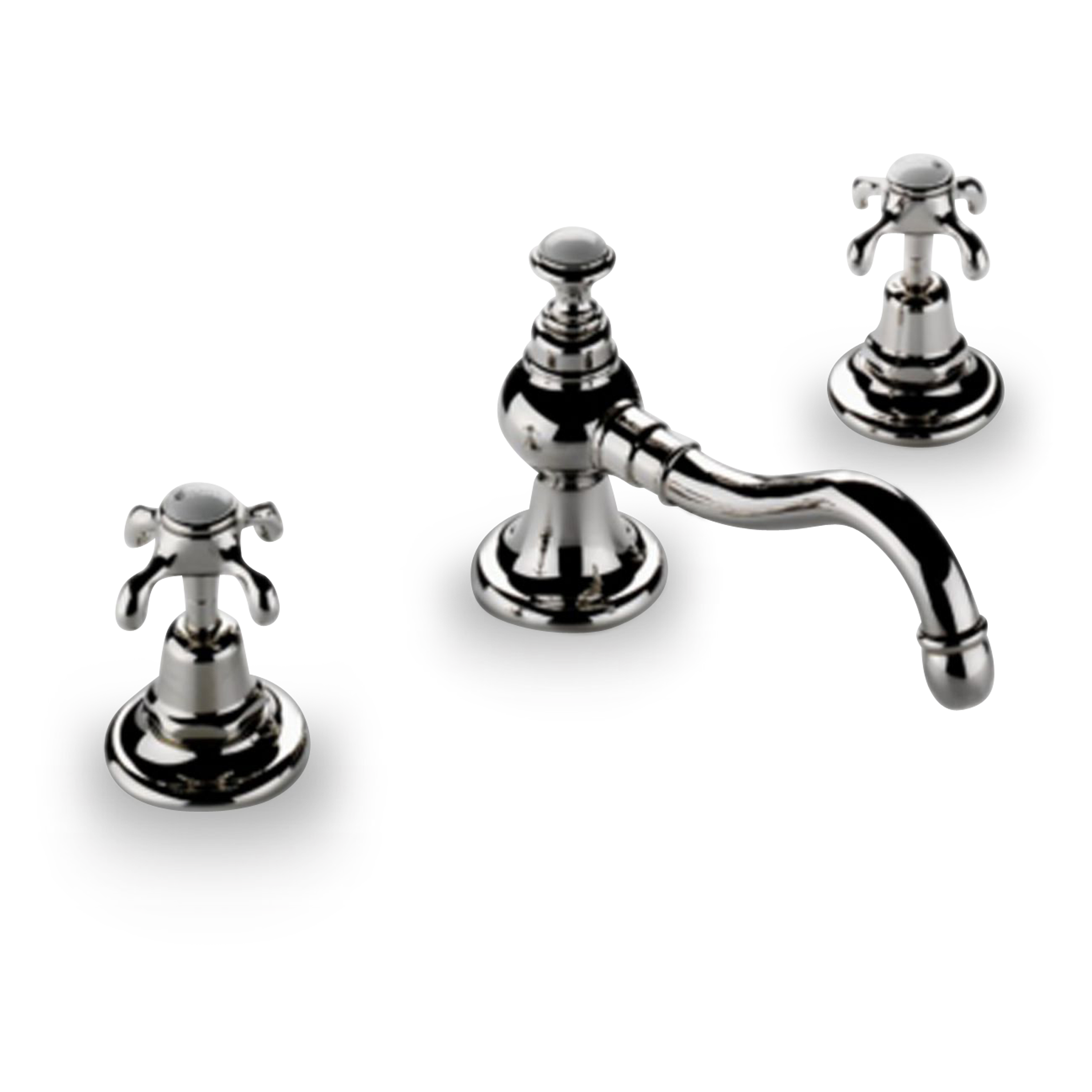 A traditional widespread faucet with dew-drop cross handles.