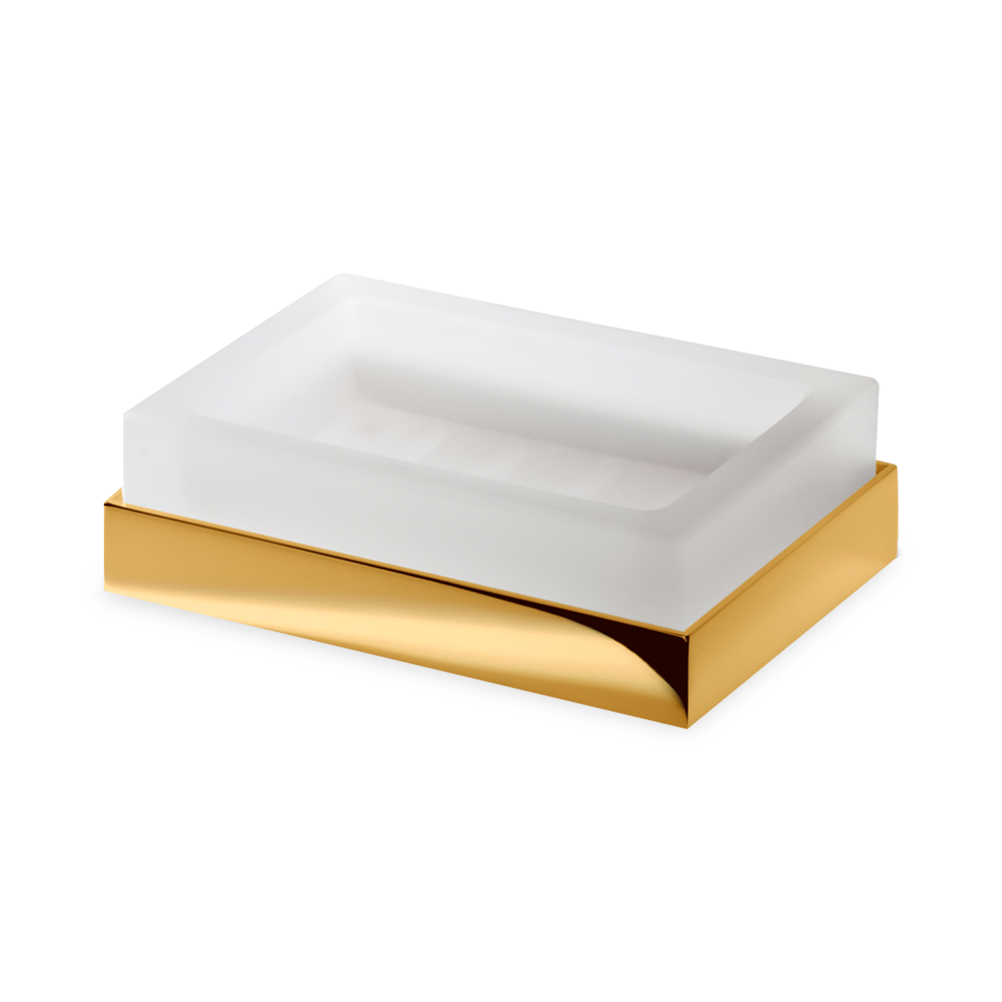 Elegant soap dish with a classic modern styling, crafted in satin glass with a gold accent.