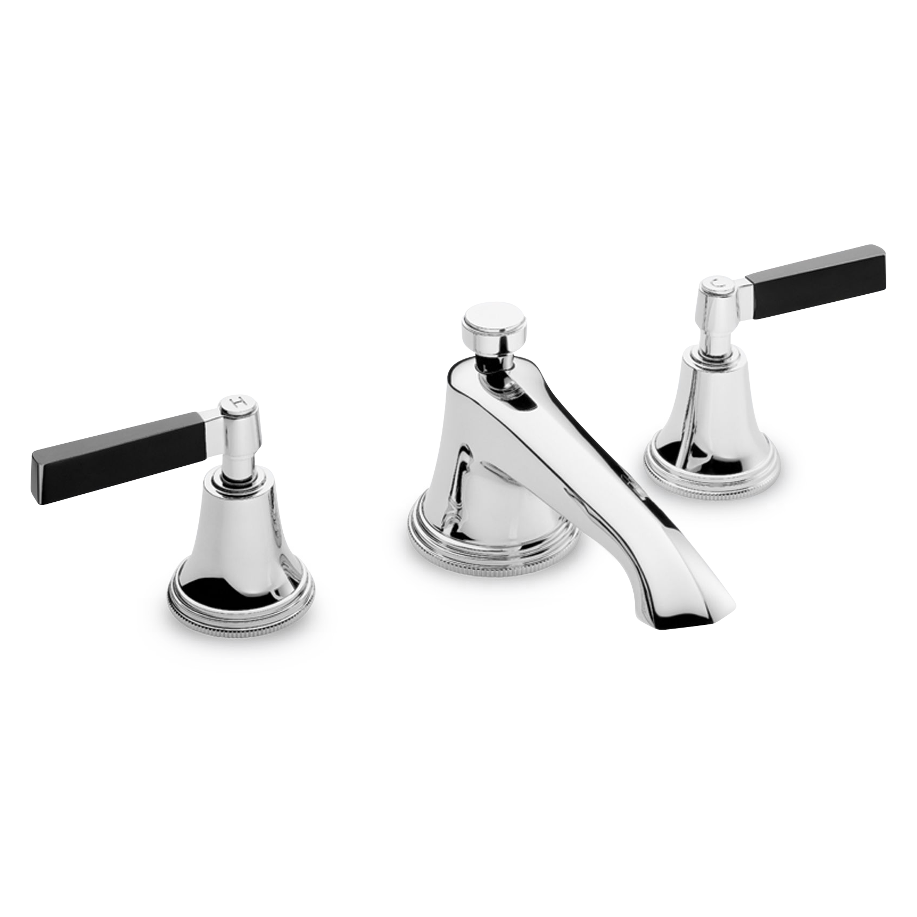 An elegantly style widespread faucet with two black L shaped lever handles.