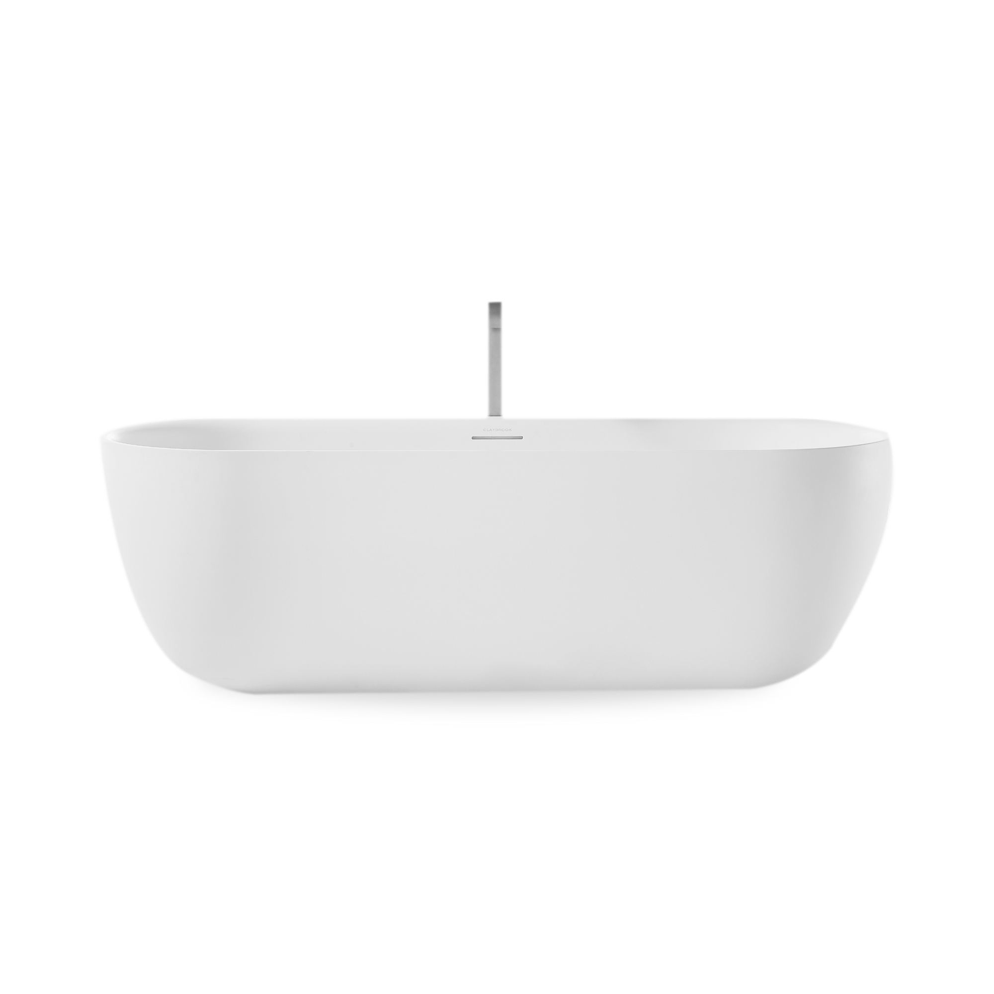 Freestanding soaker bath with tapered rim and integrated linear overflow.