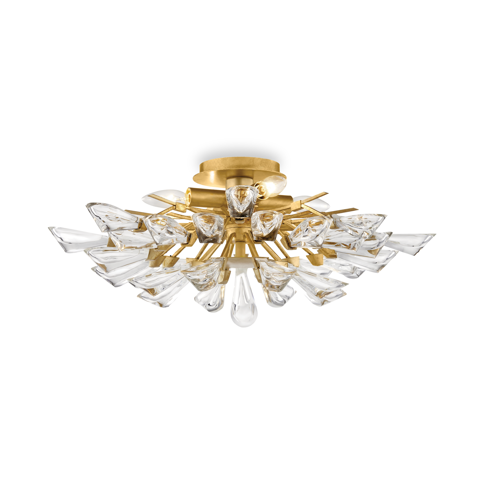 The Tulip Flush Mount features crystal shades with a gold leaf base.