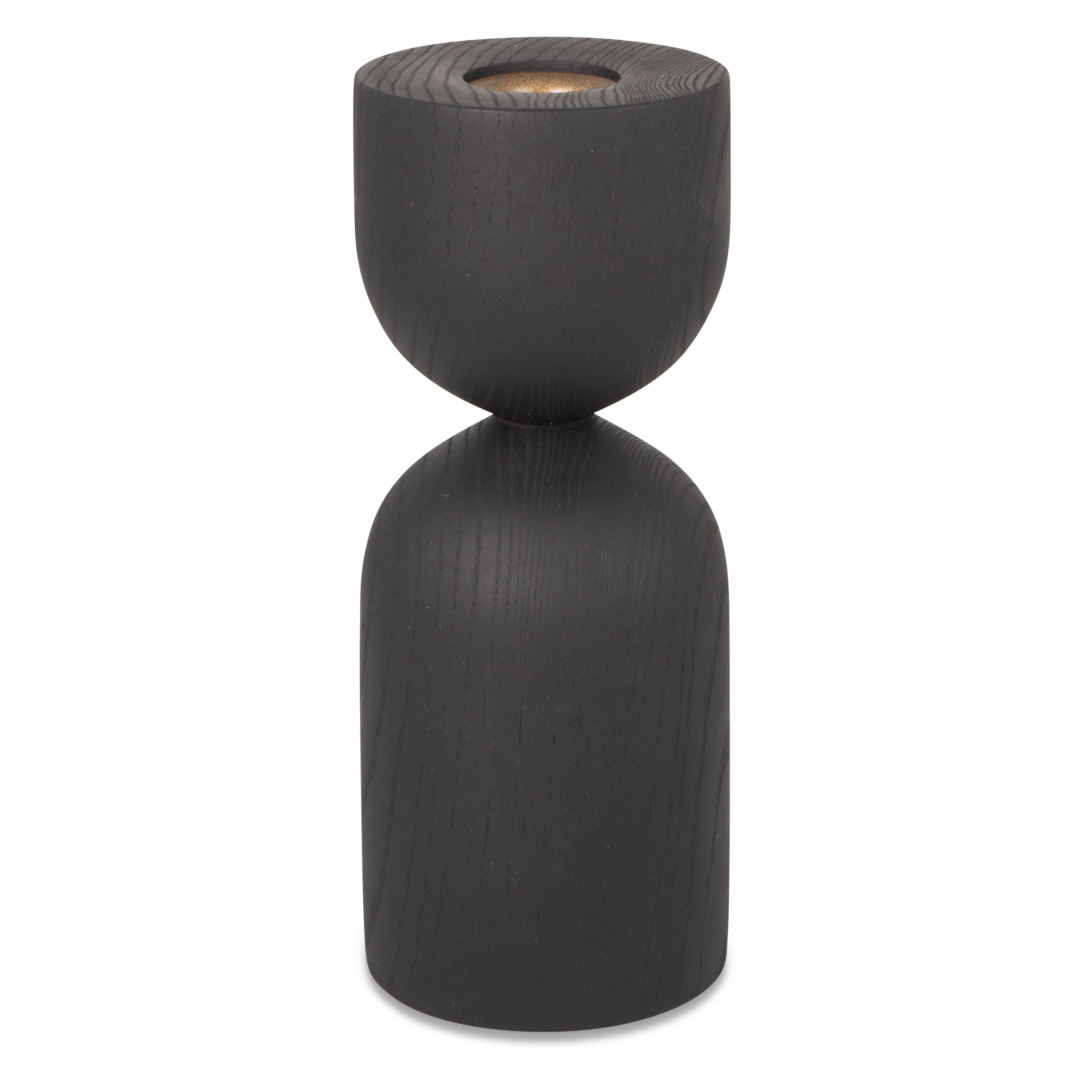 Turned from solid ebonized ash wood, the Hourglass Taper Candleholder feature distinct and eye-catching forms.
