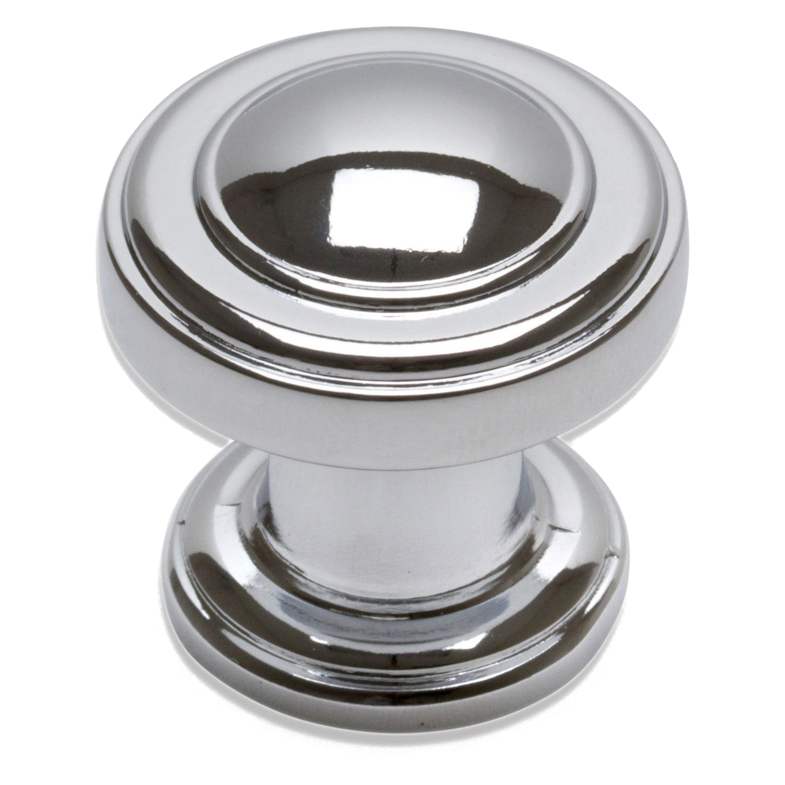 A contemporary brushed nickel knob with raised ring detailing.