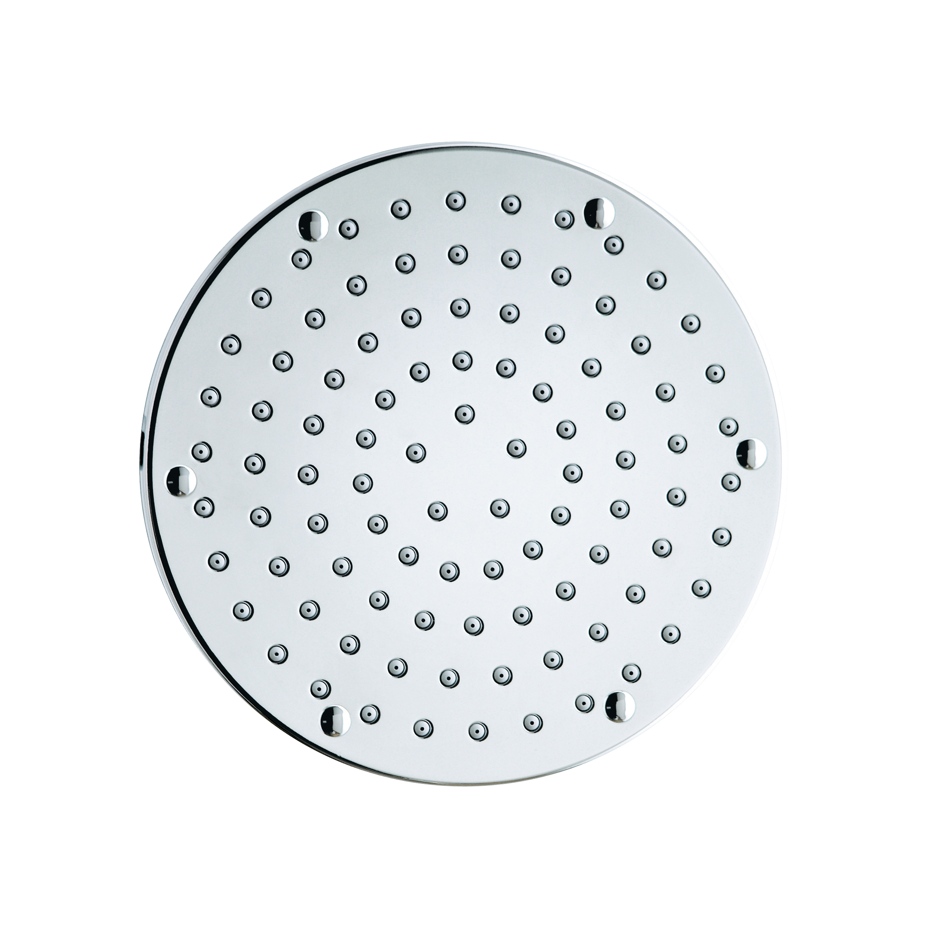 A contemporary round wall mounted rain showerhead.