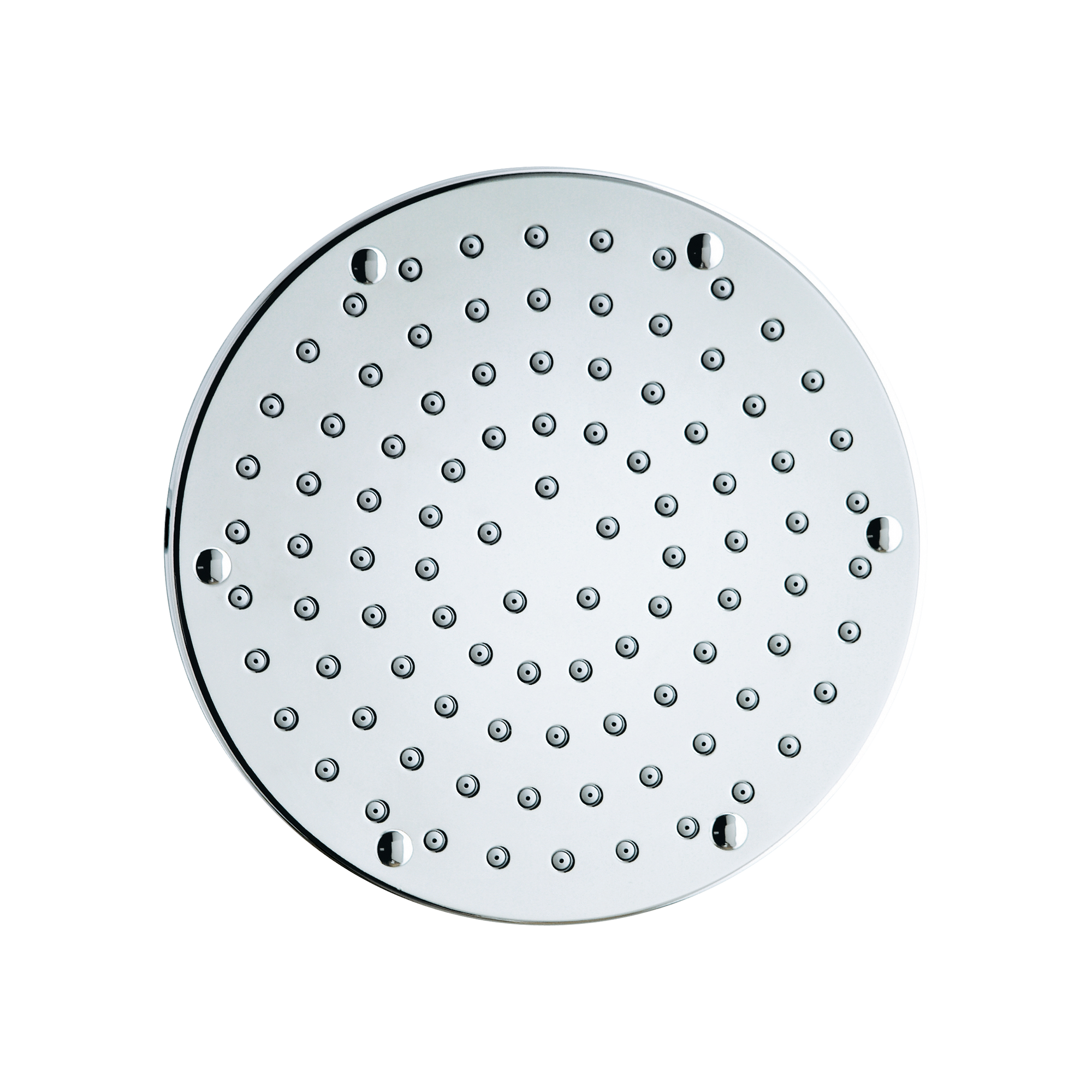 A contemporary round wall mounted rain showerhead.