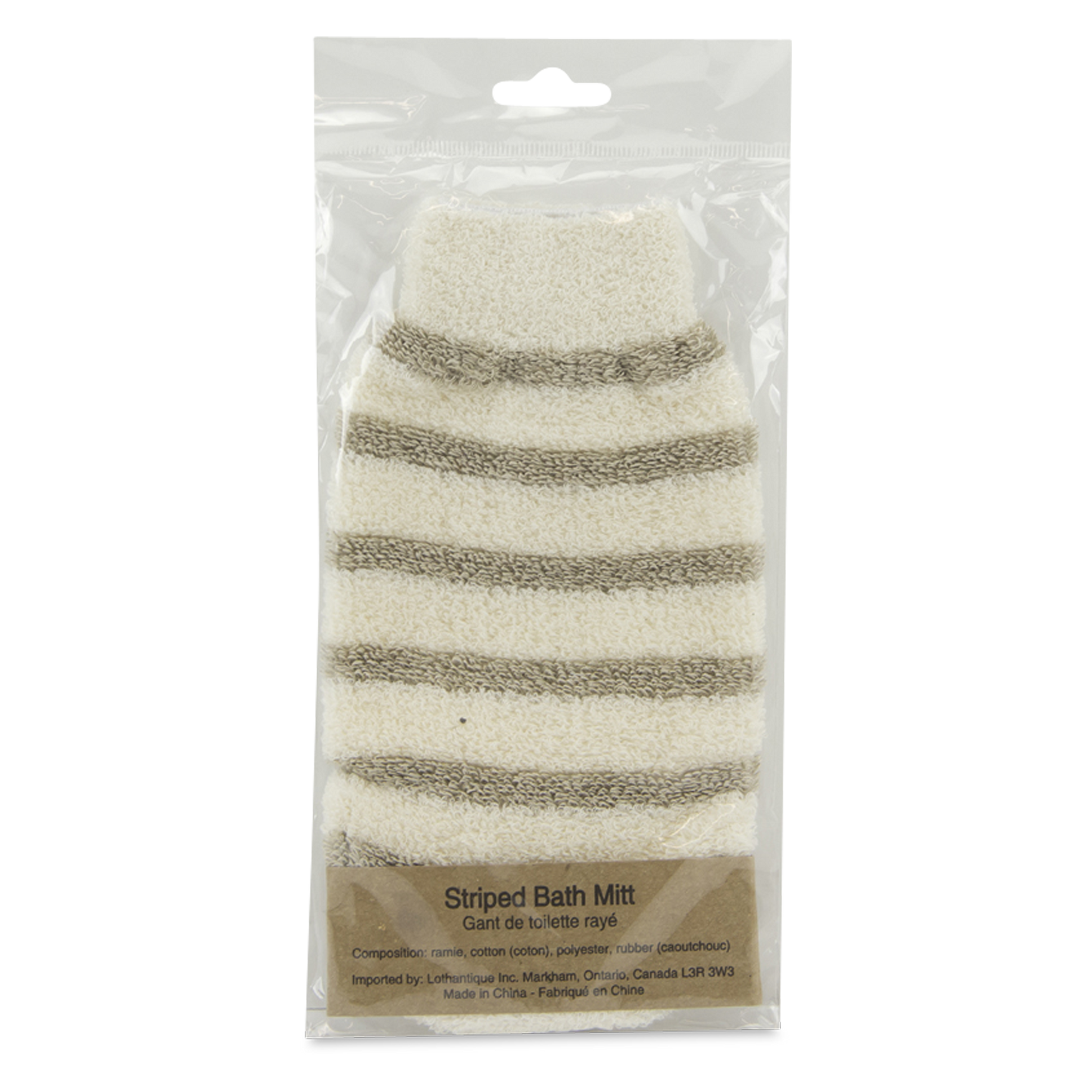 Bath mitt is made of ramie, cotton, polyester and rubber.