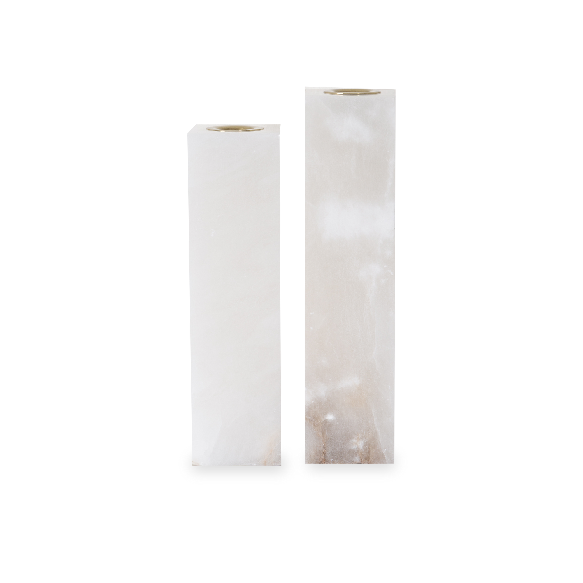 The Alabaster and Brass Candleholder feature a brass-finished stainless-steel holder and a unique alabaster body.