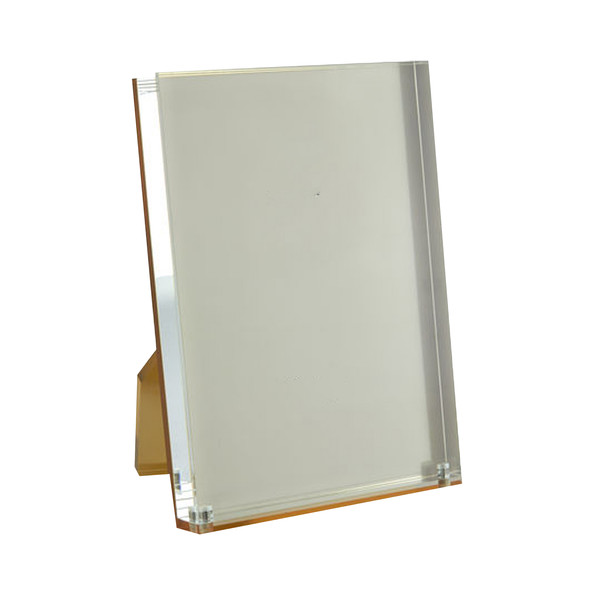 Acrylic picture frame with gold backing that will add stylish flair to any setting.