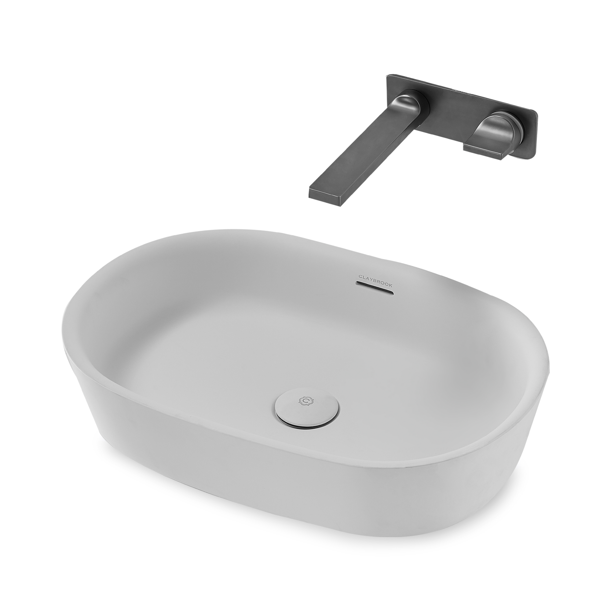 Freestanding basin with tapered rim and integrated linear overflow.