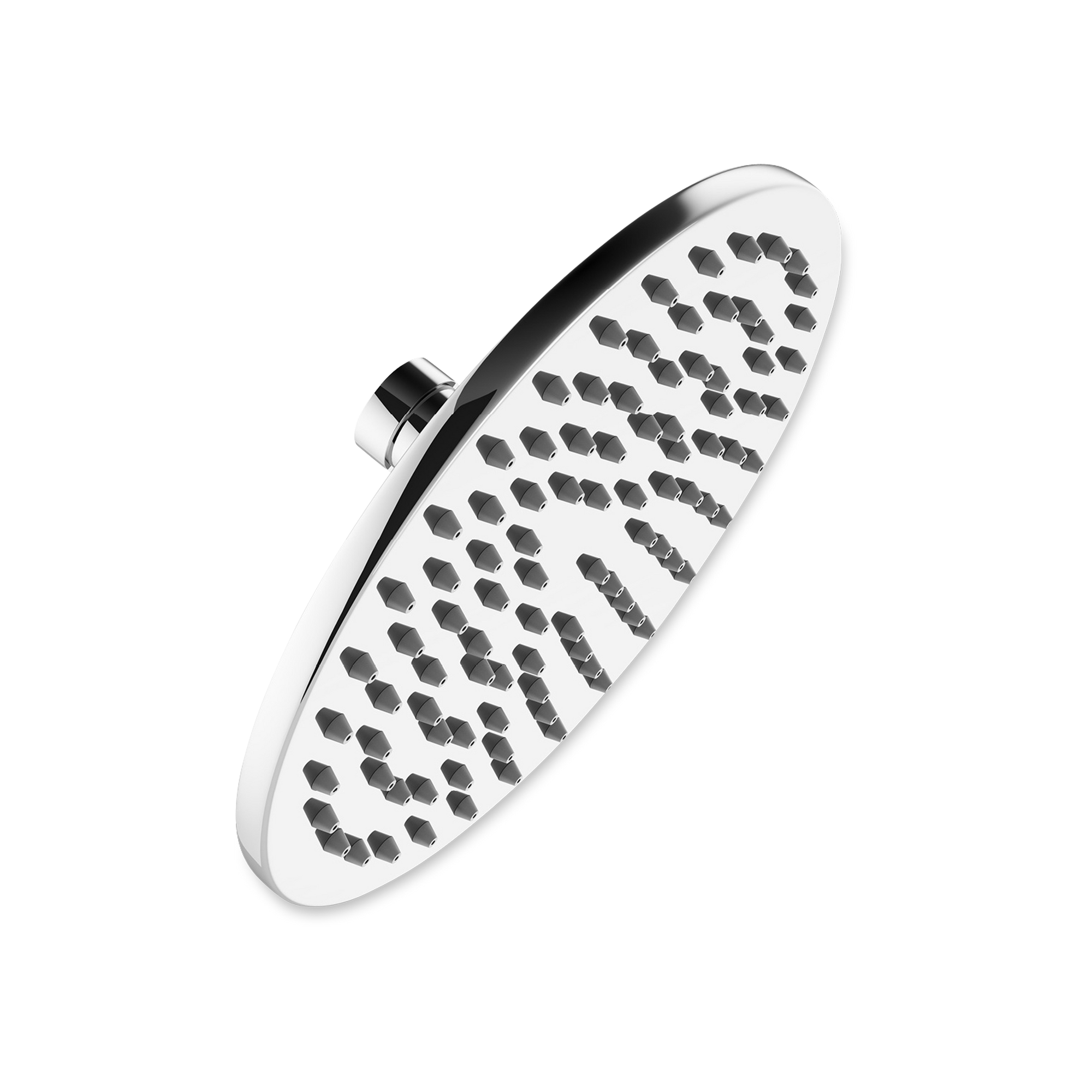 A modern shower head featuring cylindrical shapes and curved lines creating a simple clean feel.