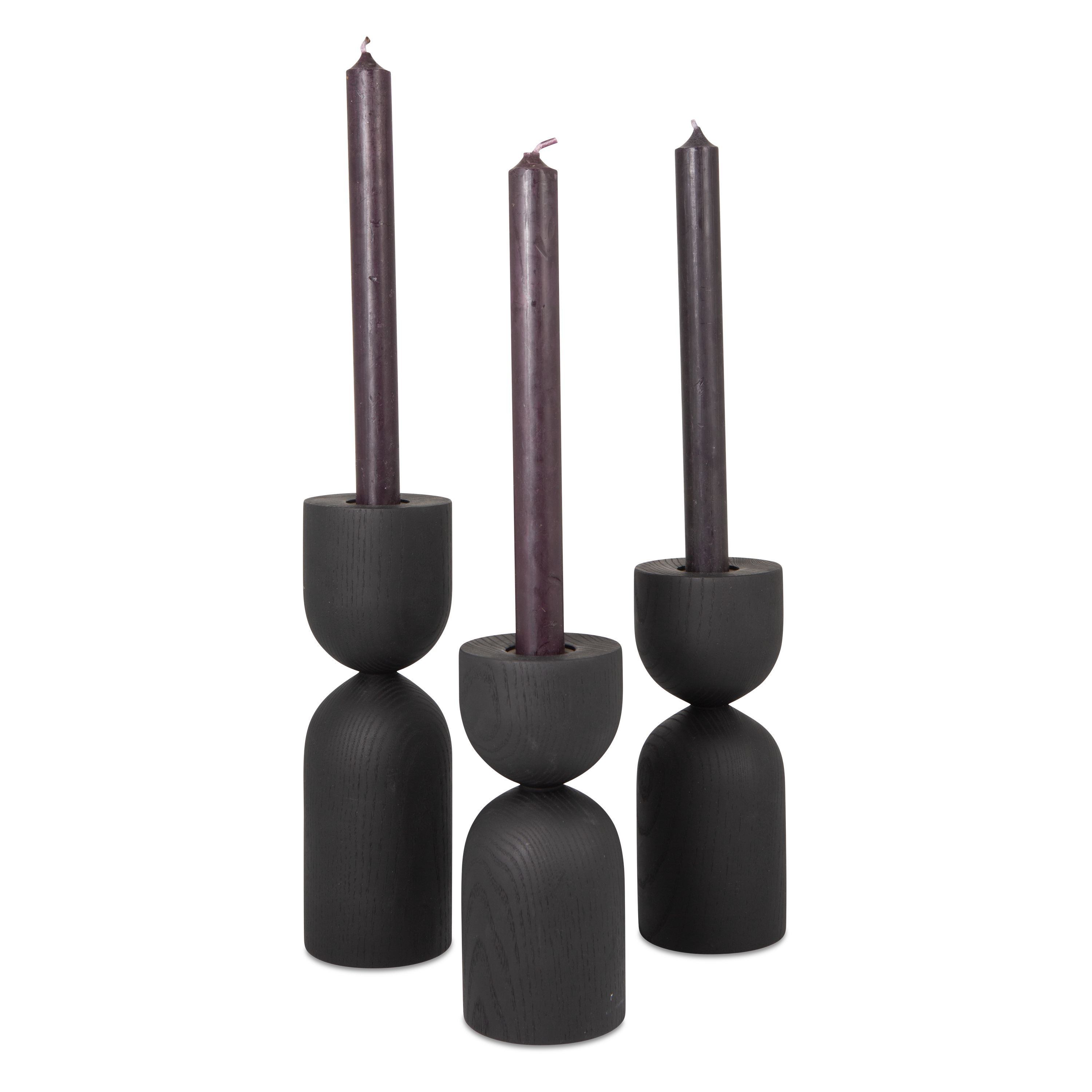 Turned from solid ebonized ash wood, the Hourglass Taper Candleholder feature distinct and eye-catching forms.